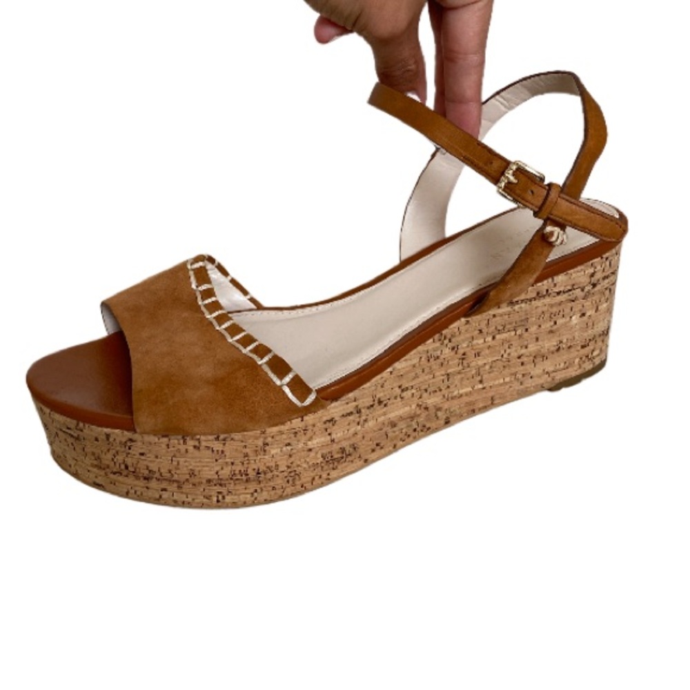Cole Haan Brown Suede Platform Wedge Sandals Size 8.5 Cork Heel Neutral